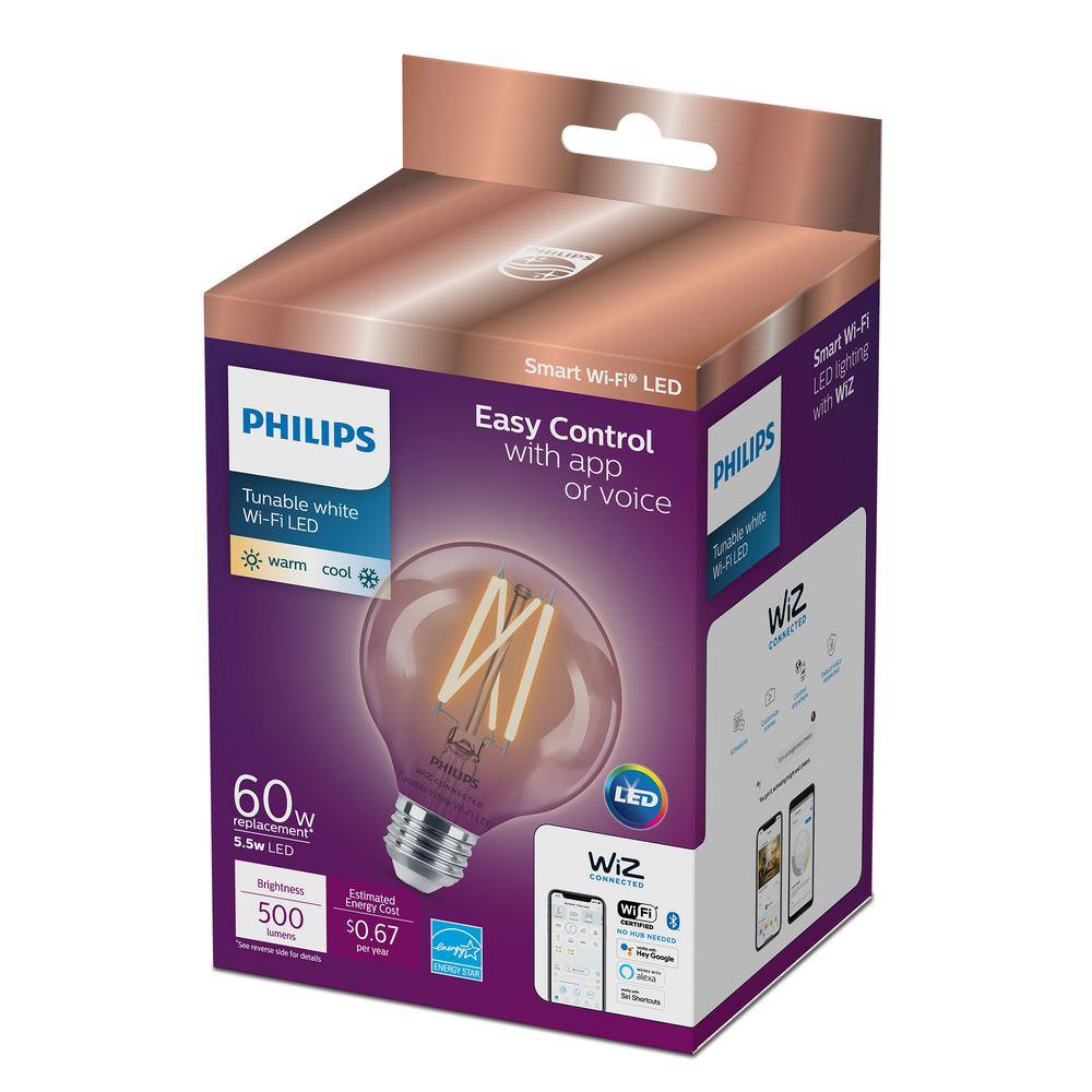 Philips 60-Watt Equivalent G25 Smart Wi-Fi LED Vintage Edison Tuneable White Light Bulb Powered by WiZ with Bluetooth (1-Pack) 567214