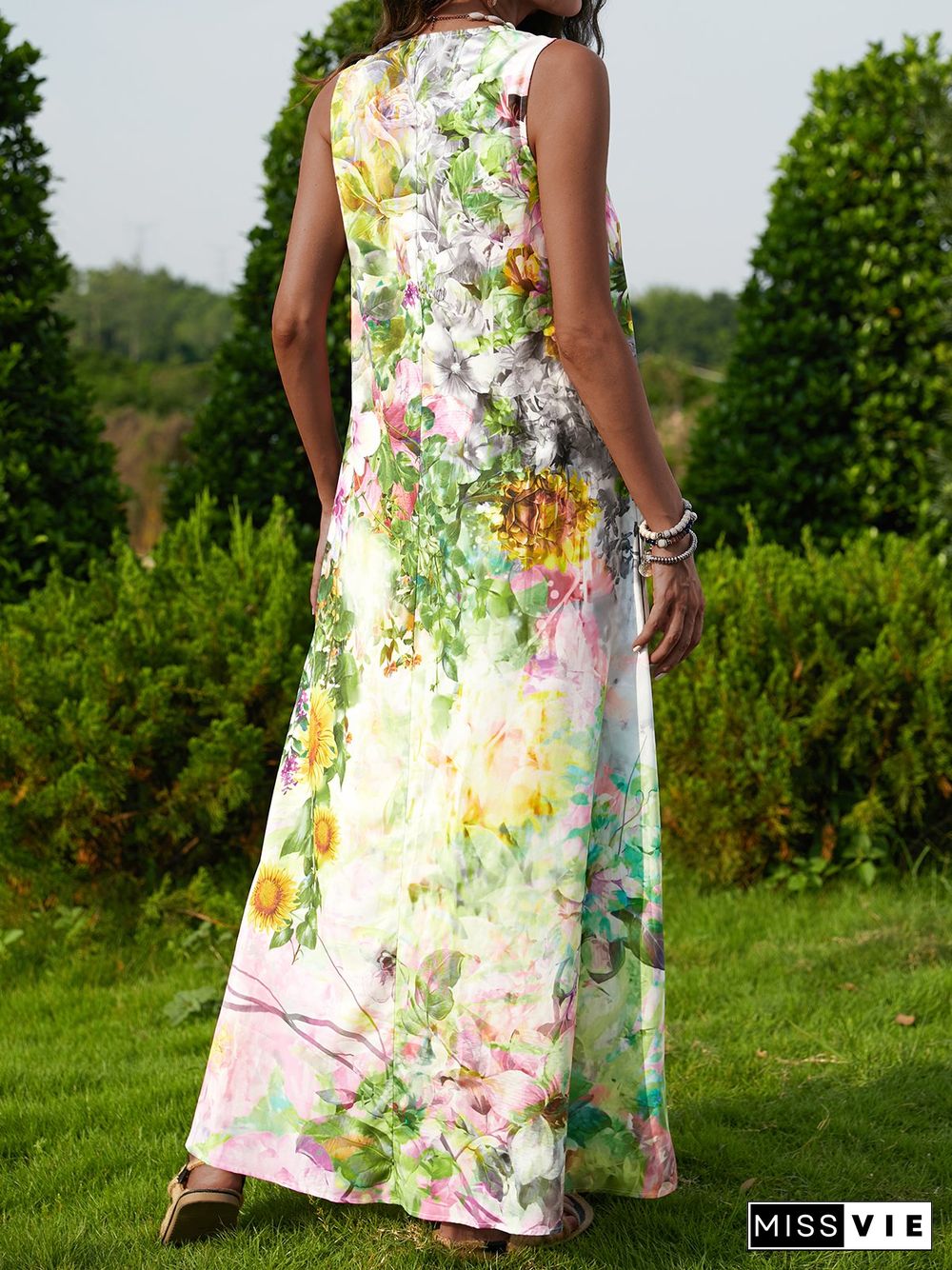 Sleeveless Floral V Neck Dresses