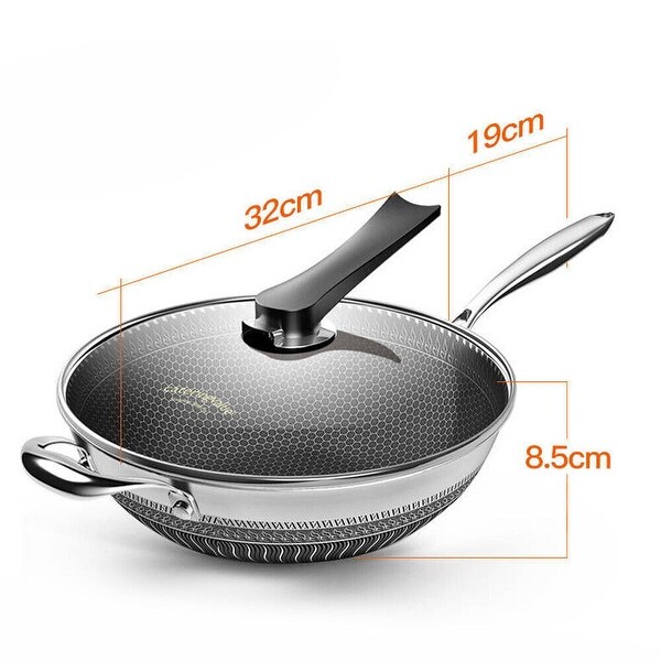 14-Inch Stainless Steel Wok Honeycomb Frying Pan With Glass Lid