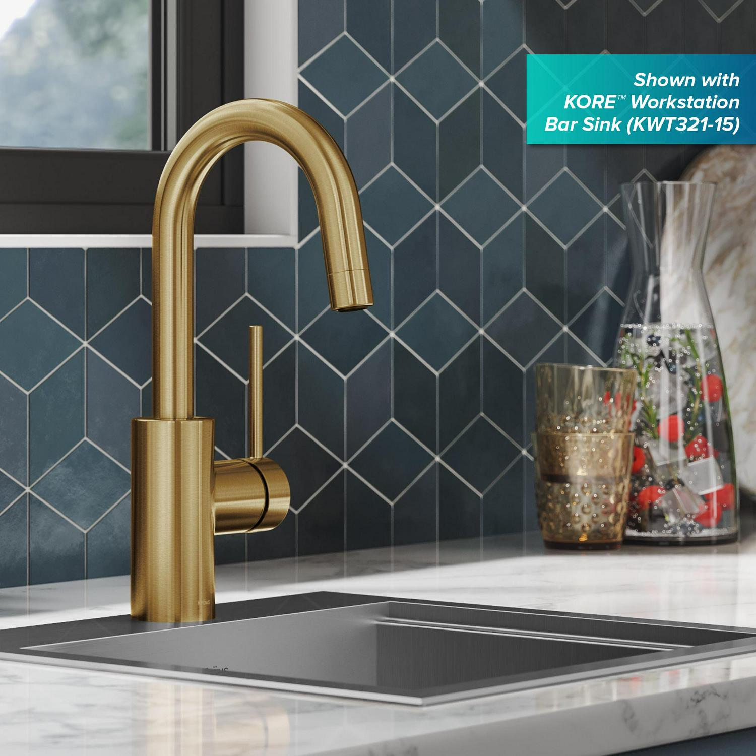 KRAUS Oletto Single Handle Kitchen Bar Faucet with QuickDock Top Mount Assembly in Brushed Brass