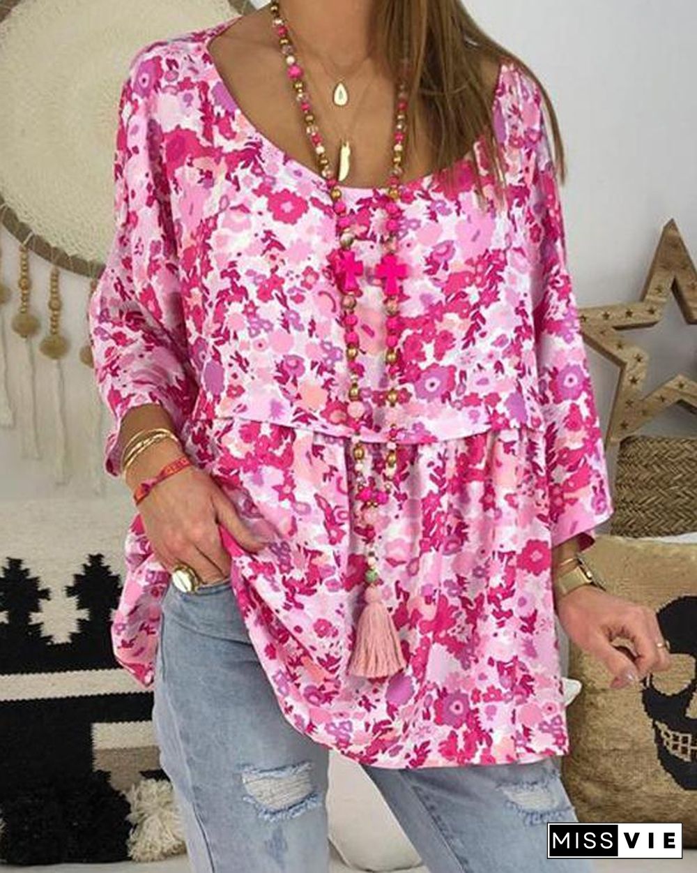 Women Plus Size Floral Printed 3/4 Sleeve Plus Size Blouses Tops