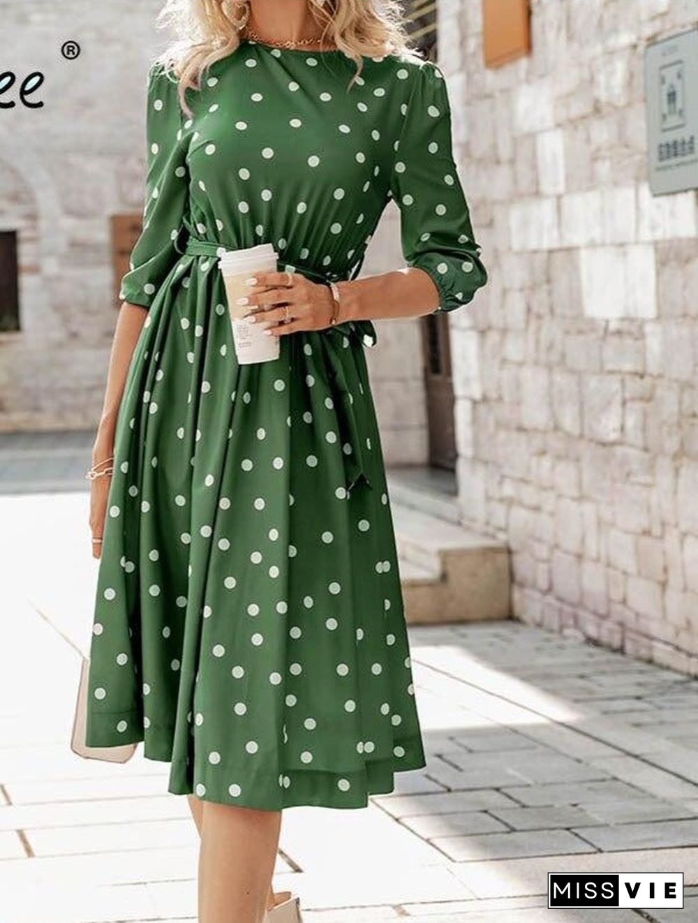 Elegant A-line polka dot women dress autumn Office lady o-neck belt women midi dresses Half sleeve female purple vestido