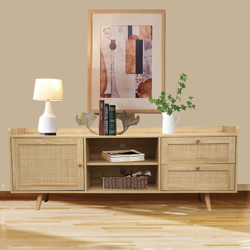 Rattan TV Stand Media Entertainment Center with Adjustable Shelf   2 Drawers  Wood Television Cabinet for Living Room Bedroom