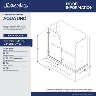 DreamLine Aqua Uno 56-60 in. W x 30 in. D x 58 in. H Frameless Hinged Tub Door with Return Panel in Satin Black SHDR3534586RT09