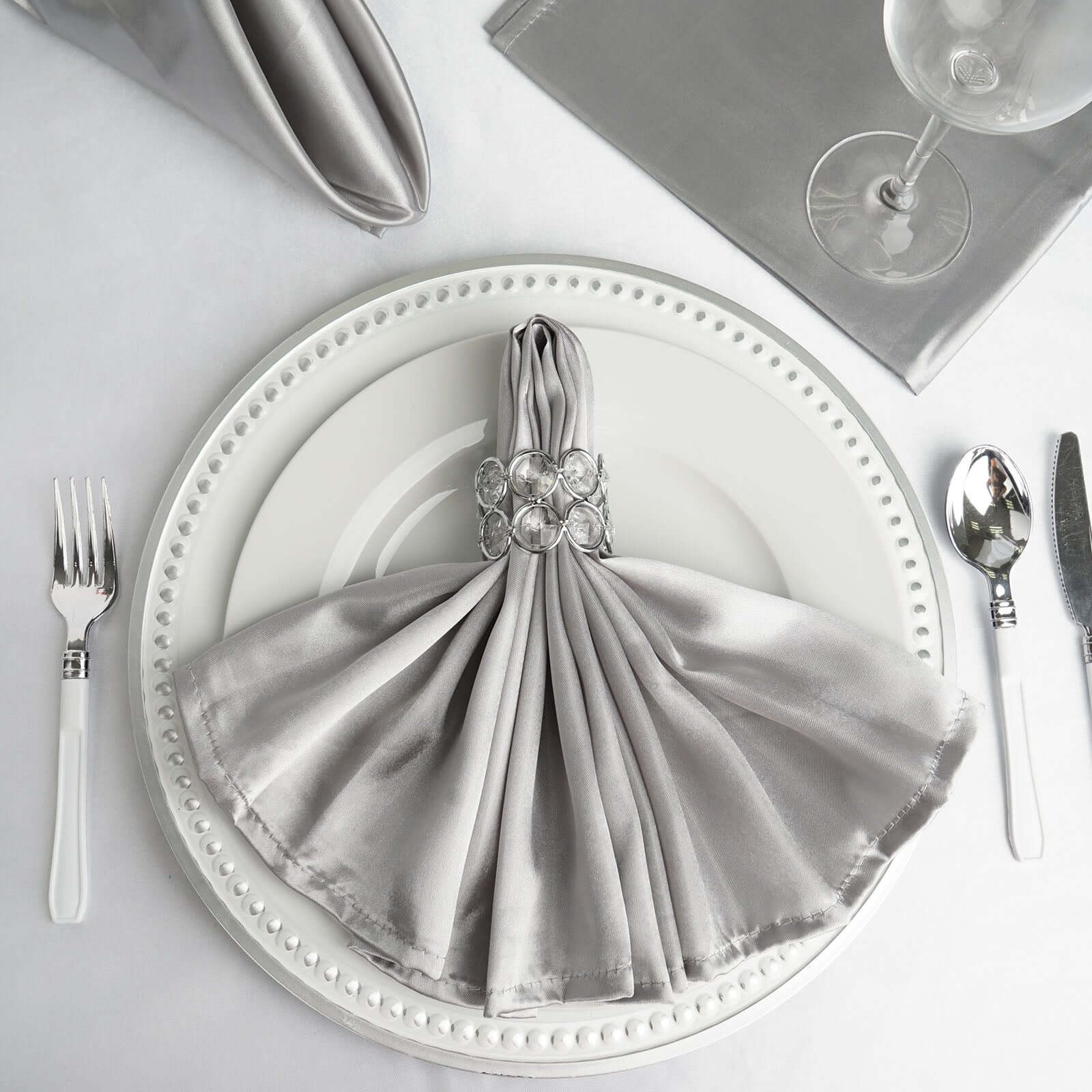 5 Pack Silver Satin Cloth Napkins with Hemmed Edges, Reusable Dinner Napkins - 20