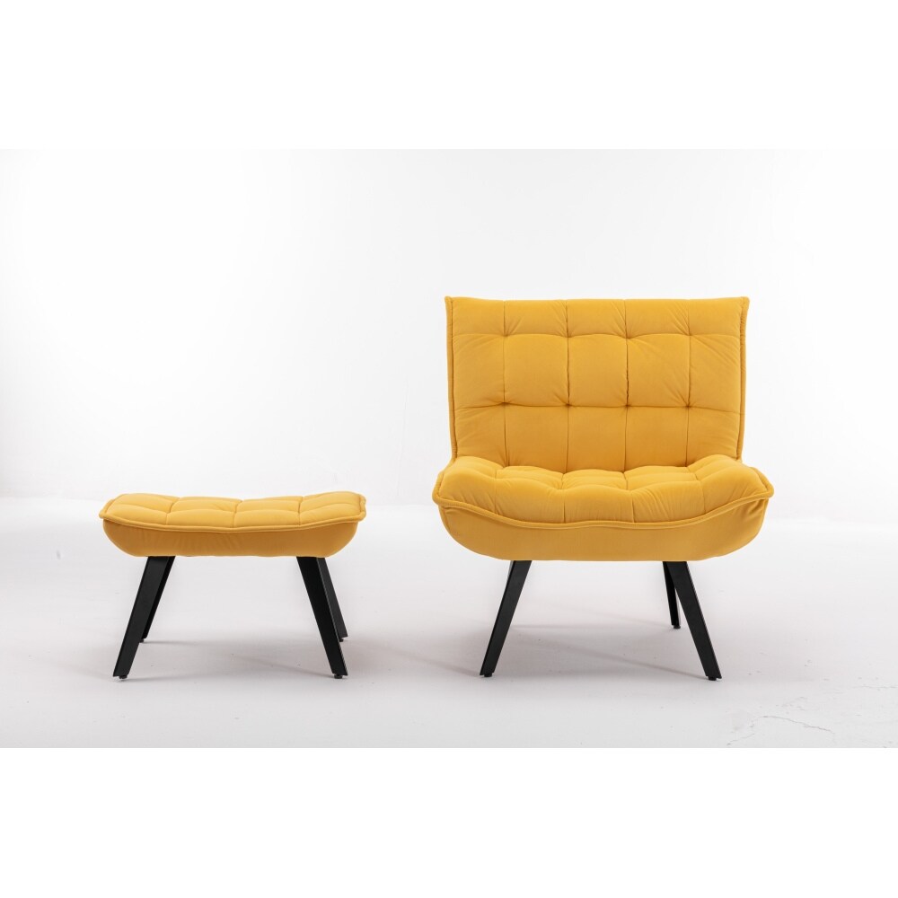 Yellow Velvet Fabric Upholstered Leisure Chair with Black Metal Legs