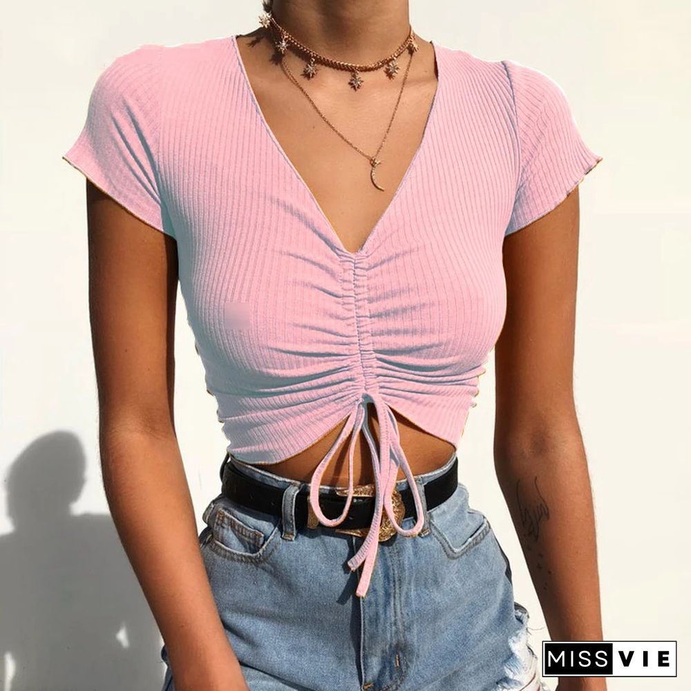 Sexy V Neck Cropped Tank Tops Women Drawstring Tie Up Front Camis Candy Colors Streetwear Slim Fit Ribbed Crop Top