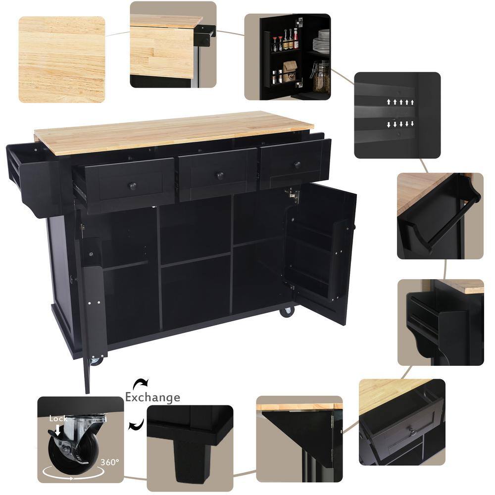 Black Wood 53.1 in. Kitchen Island on 5-Wheels with Storage Cabinet and 3-Drawers for Dinning Room LH-703