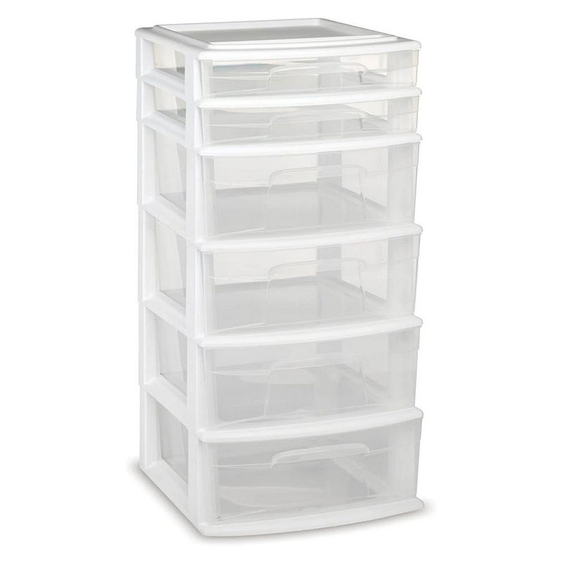 Homz Plastic 6 Clear Drawer Medium Home Storage Container Tower， White (2 Pack)