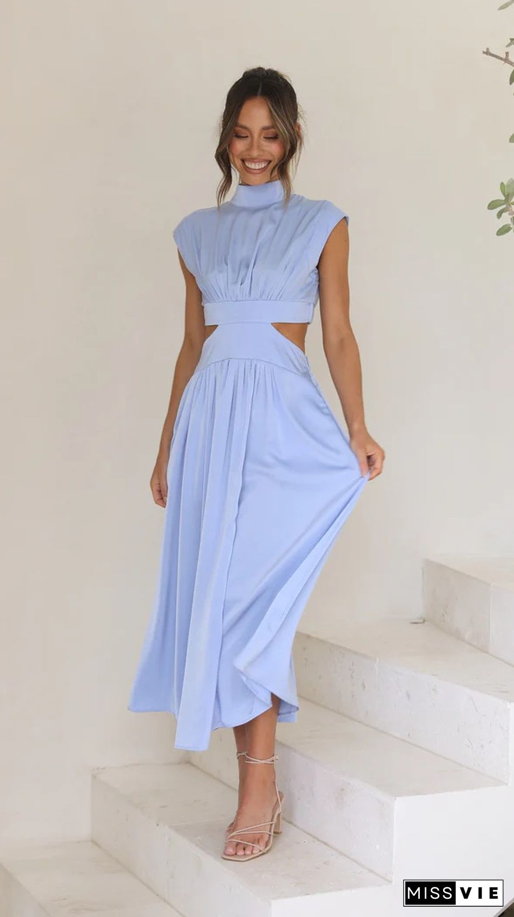 Fashion Stand Collar Macaron Color Open Waist Long Dress