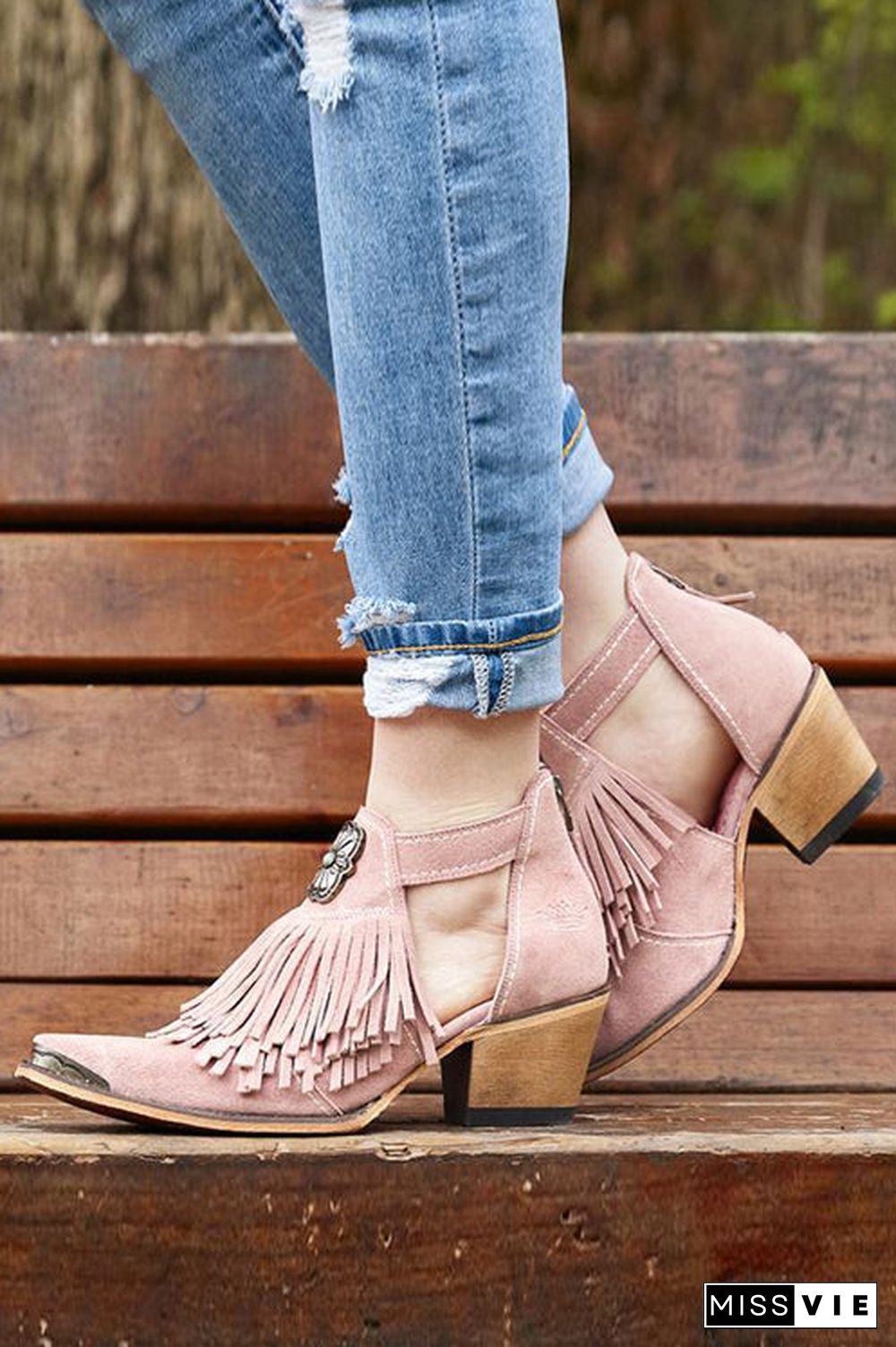 Hollow Tassels Chunky Heels Ankle Boots