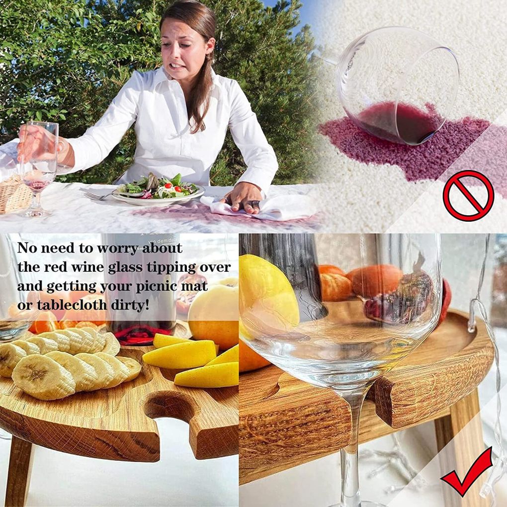 Rinhoo Wine Table Outdoor Wooden Glass Table Portable Folding Beach Wine Holder for Camping Picnic， L