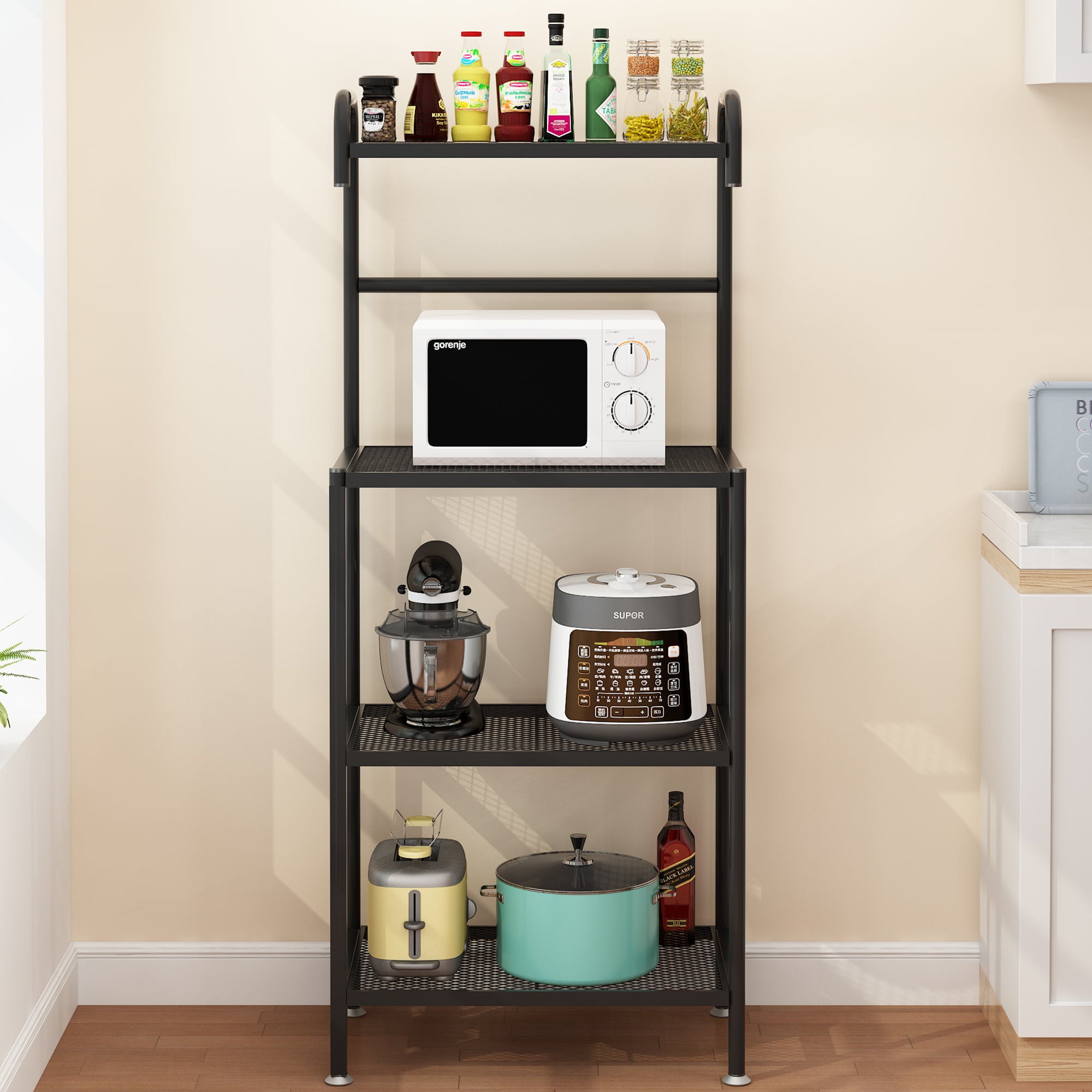 Ktaxon 4 Layers Baker's Rack Microwave Oven Stand Free Standing Kitchen Utility Storage Shelving Organizer， Kitchen Island Cart， Coffee Bar Table， Black