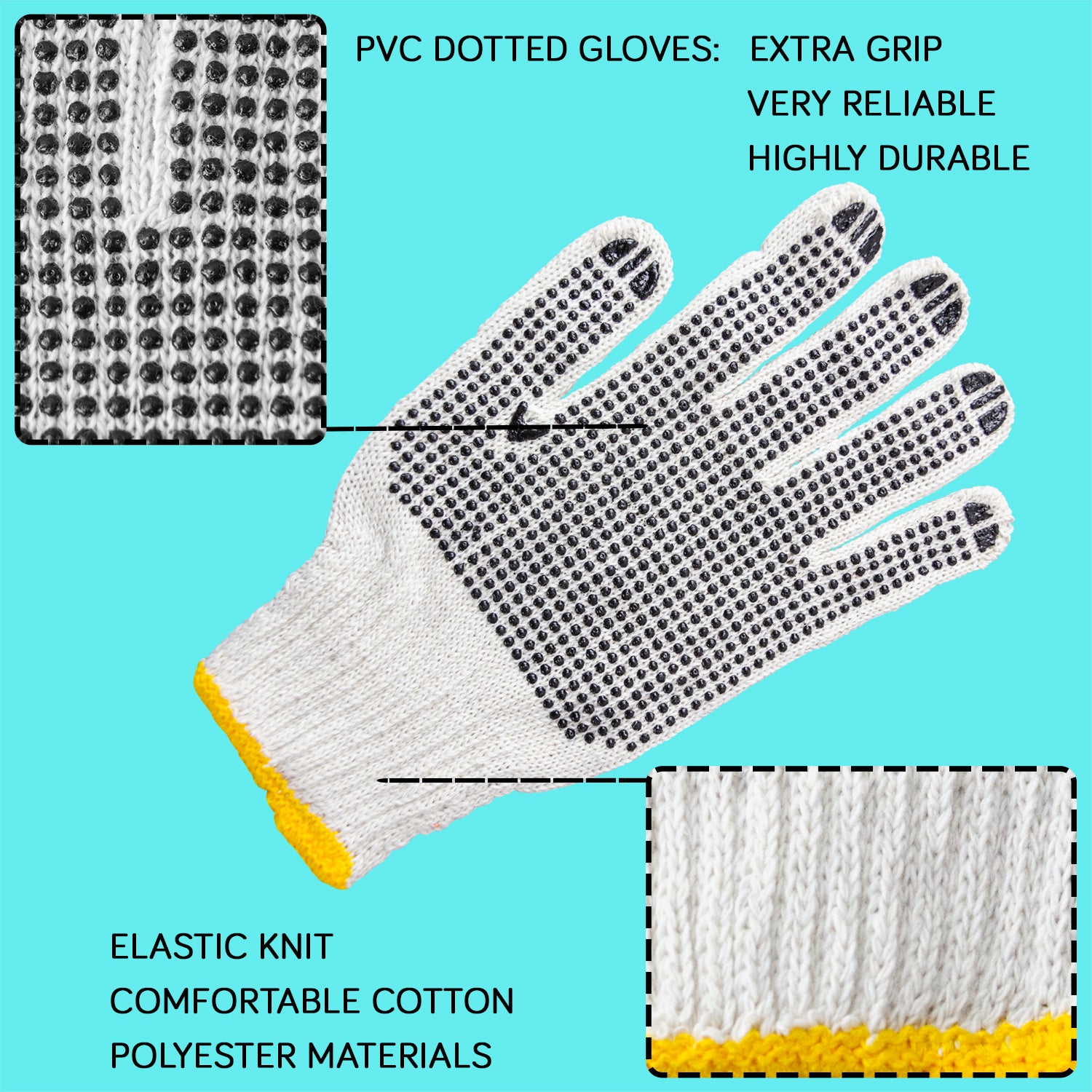 [12 Pairs] Black White Work Gloves - Dotted Safety Working Gloves, Firm Grip, Slip Resistant, Heavy Duty Cotton Knit for Men Women, Utility, Construction, Gardening, Fishing, Winter Indoor Outdoor Use