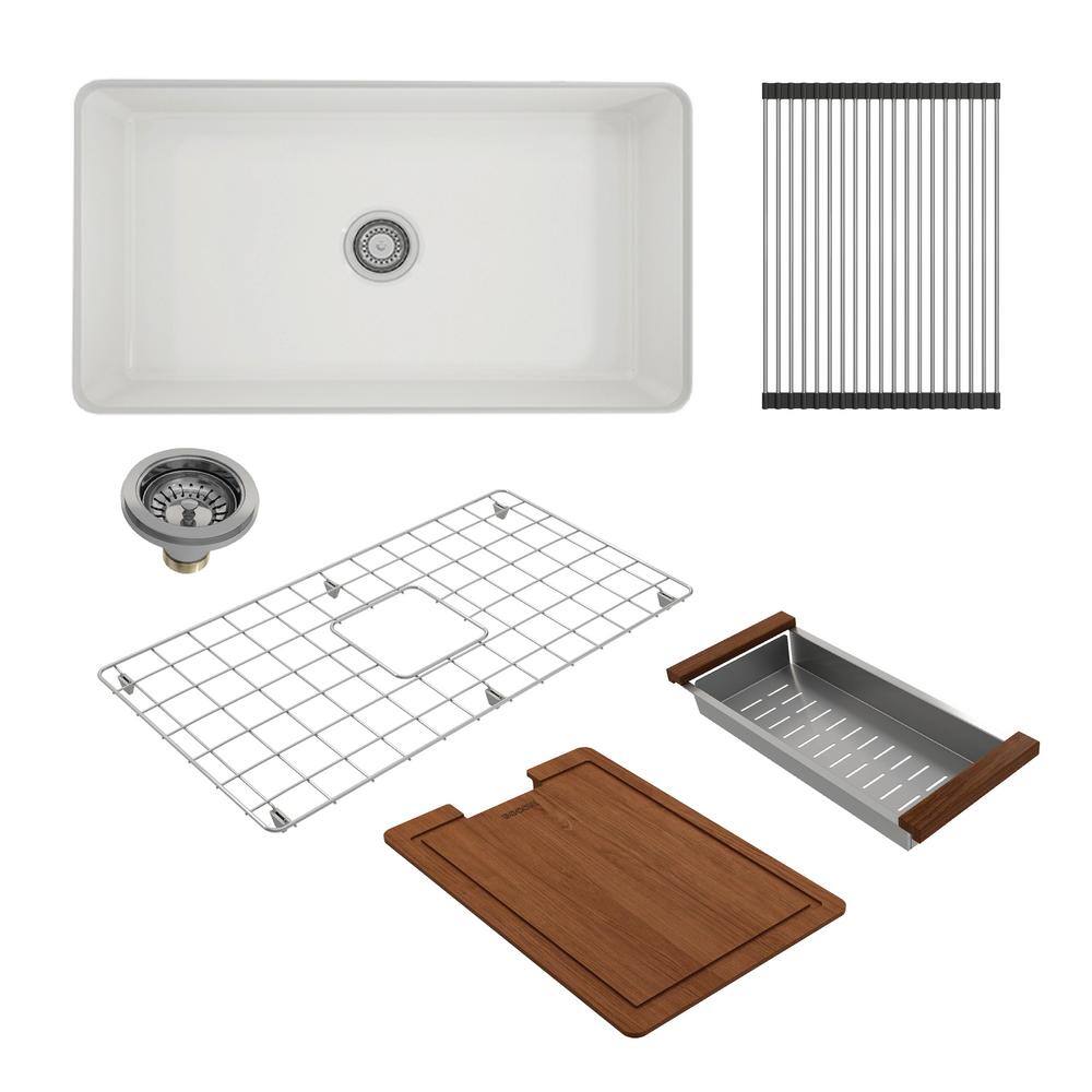 BOCCHI Sotto White Fireclay 32 in. Single Bowl Undermount Kitchen Sink wAccessories 1362-001-KIT1