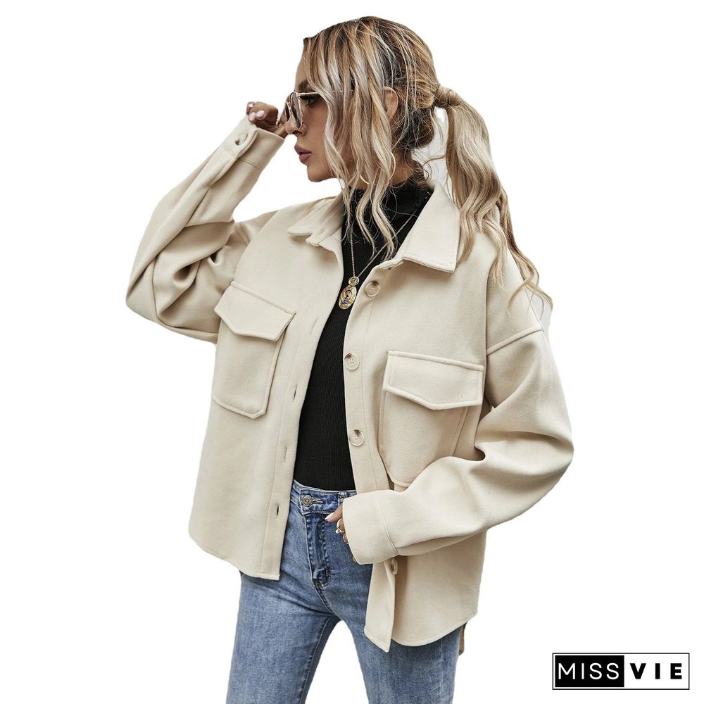 Winter Lapel Women Jacket Single-breasted Thickened Solid Color Shirt Woolen Loose Coat Women Coat