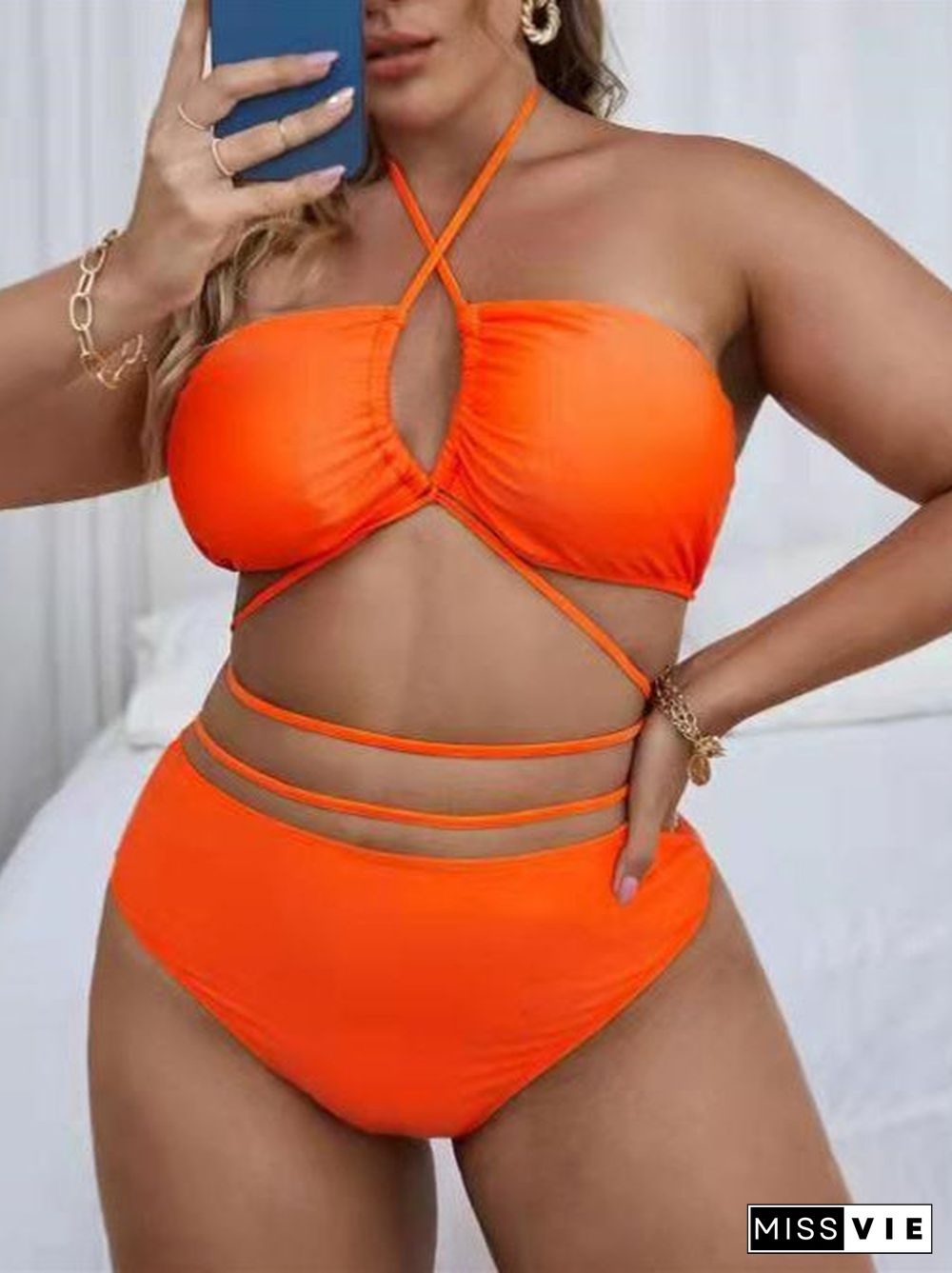 Plus Size Solid Backless Bikini Set