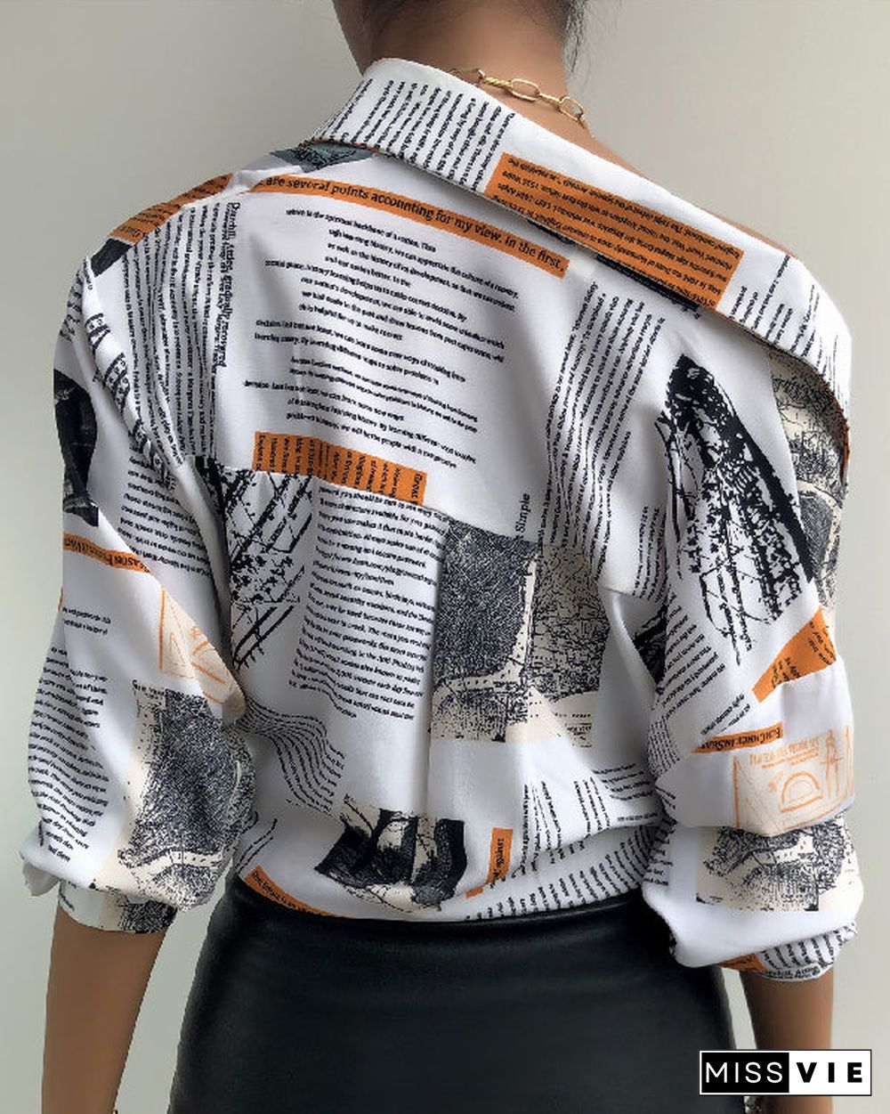 New Loose Plus Size Print Lapel Long Sleeve Ladies Shirt Top