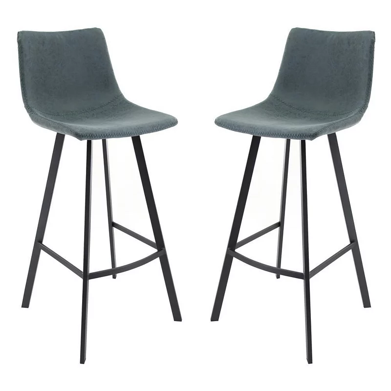 LeisureMod Elland Modern Upholstered Leather Bar Stool With Iron Legs and Footrest， Set of 2