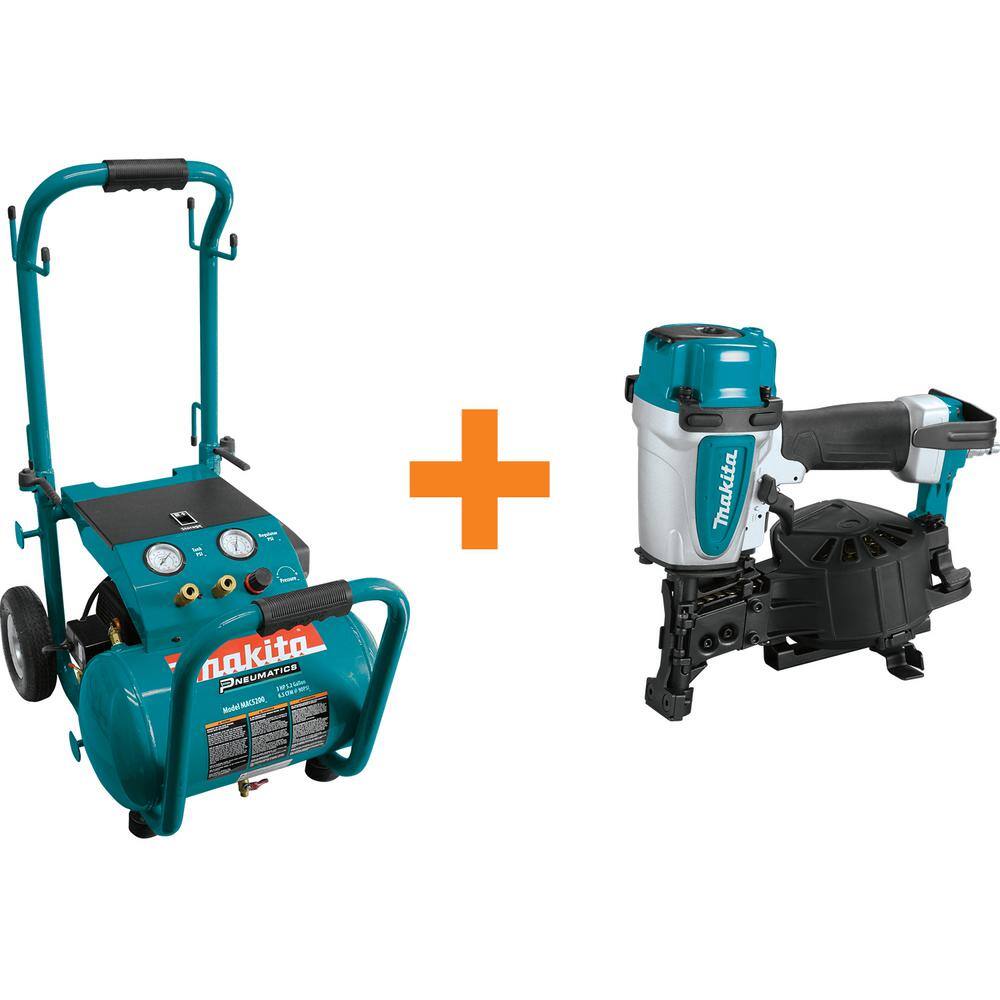 Makita 5.2 Gal. 3.0 HP Electric Single Tank Air Compressor with Bonus 15 Degree 1-34 in. Pneumatic Coil Roofing Nailer MAC5200-AN454