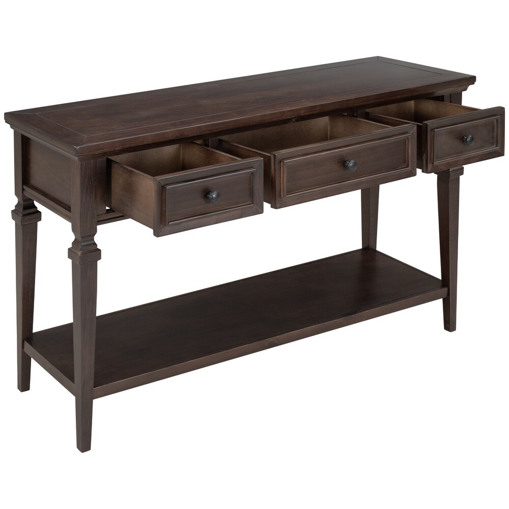 Classic Retro Style Console Table With Three Top Drawers And Open Style Bottom Shelf  Easy Assembly