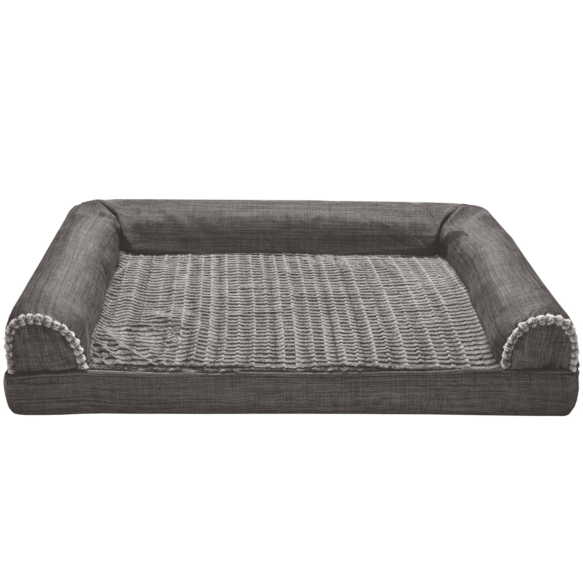 FurHaven Pet Products Cooling Gel Memory Foam Orthopedic Luxe Fur and Performance Linen Sofa-Style Couch Pet Bed for Dogs and Cats， Charcoal， Large