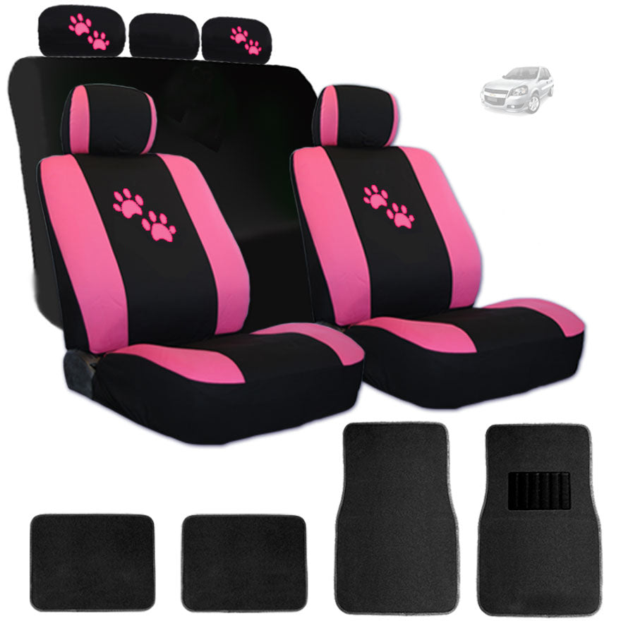 New Yupbizauto Pink Paws Car Truck SUV Seat Covers Headrest Covers and Carpet Floor Mats Full Gift Set For Woman and Girl - Shipping Included