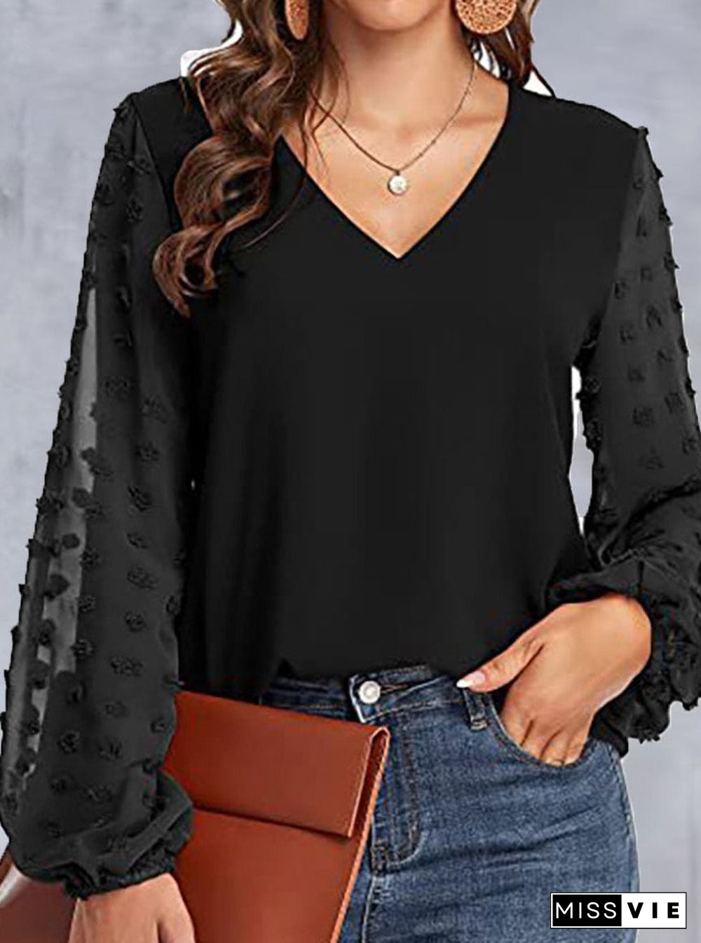 V-neck Paneled Casual Long-sleeve Blouse