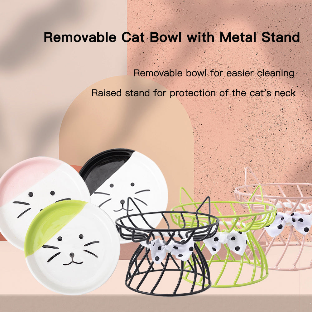 Feelers Cat Bowls, Raised Ceramic Cat Dish with Metal Stand, Elevated Cat Food Bowl for Indoor Kitten, Cat, and Small Dog, Dishwasher Safe, Green