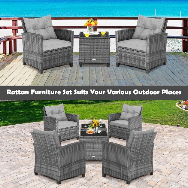 Costway 3pcs Patio Rattan Furniture Bistro Set Cushioned Sofas Side Table Armrest Grey