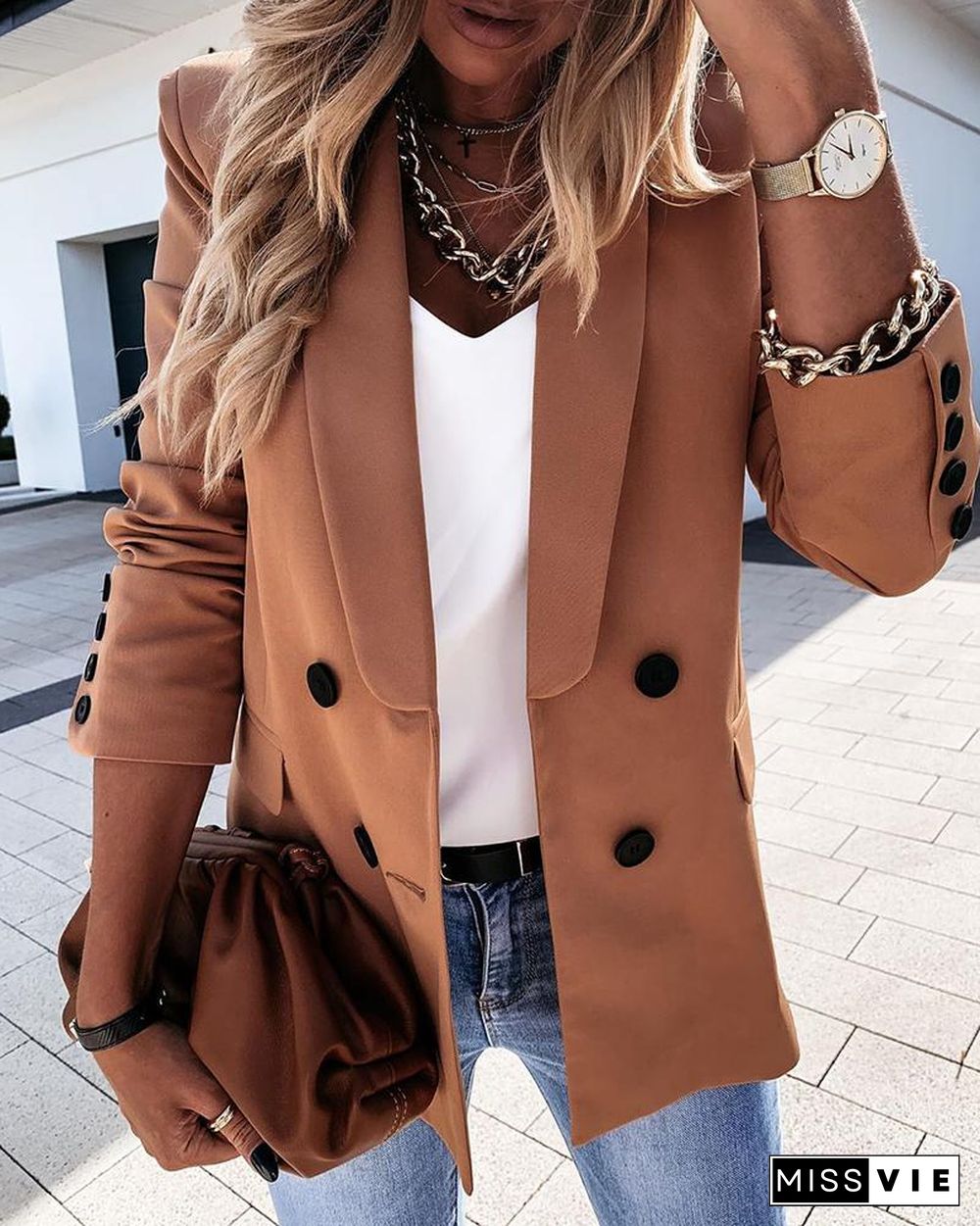 Plain Long Sleeve Double Breasted Blazer Coat