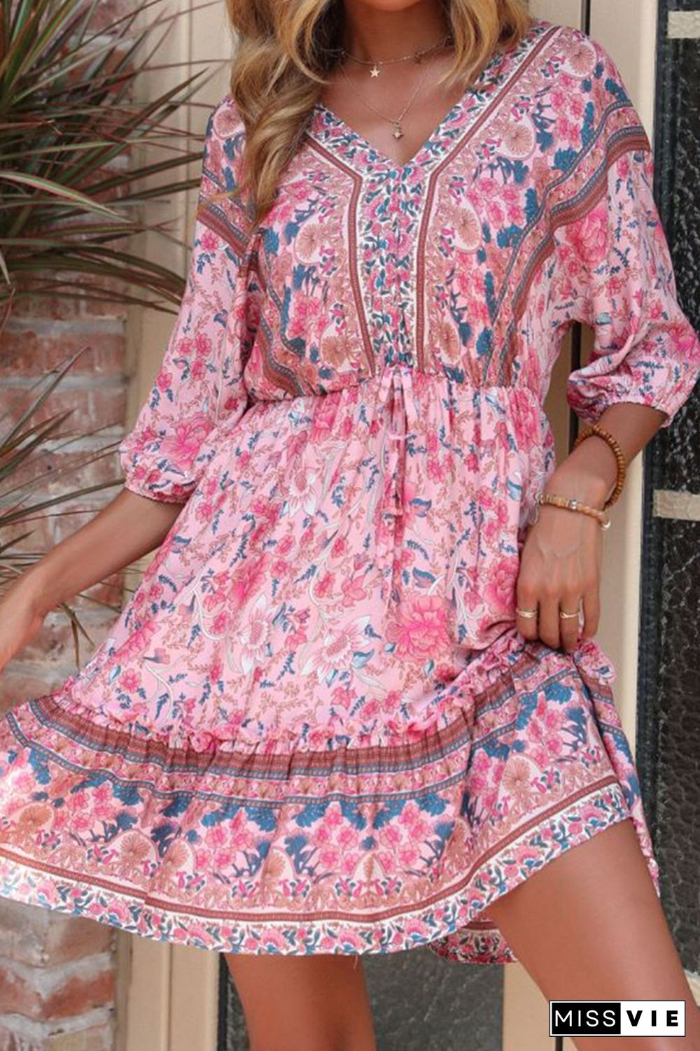 Pink Floral Print Vintage Loose Dress Wholesale