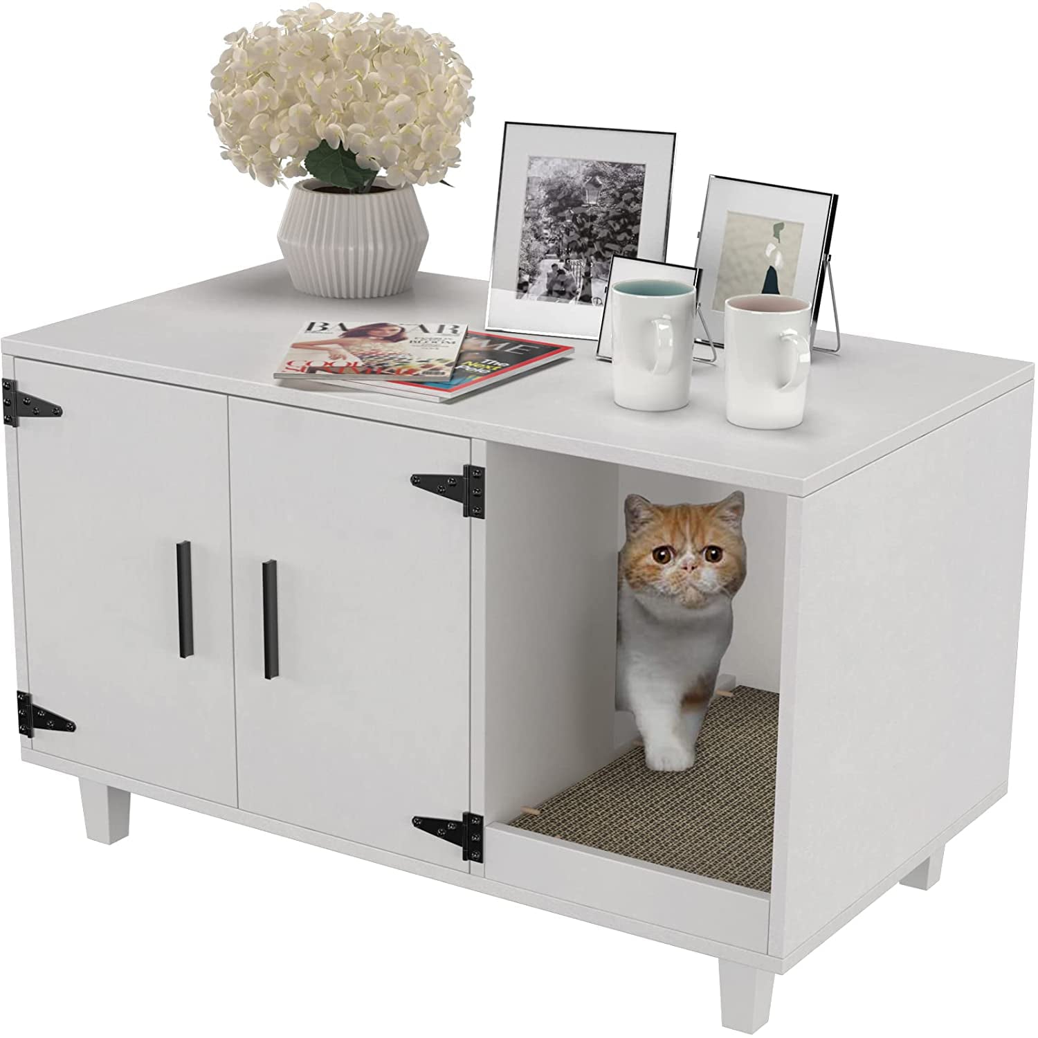 GDLF Pet Crate Cat Washroom Hidden Litter Box Enclosure  as Table Nightstand with Scratch Pad，Stackable