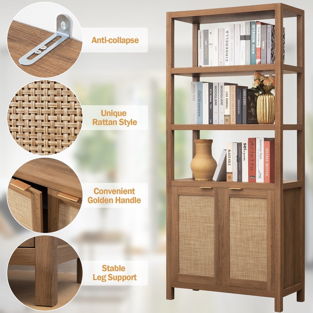 SICOTAS 5 Tier Adjustable Bookshelf with Rattan Storage Cabinet