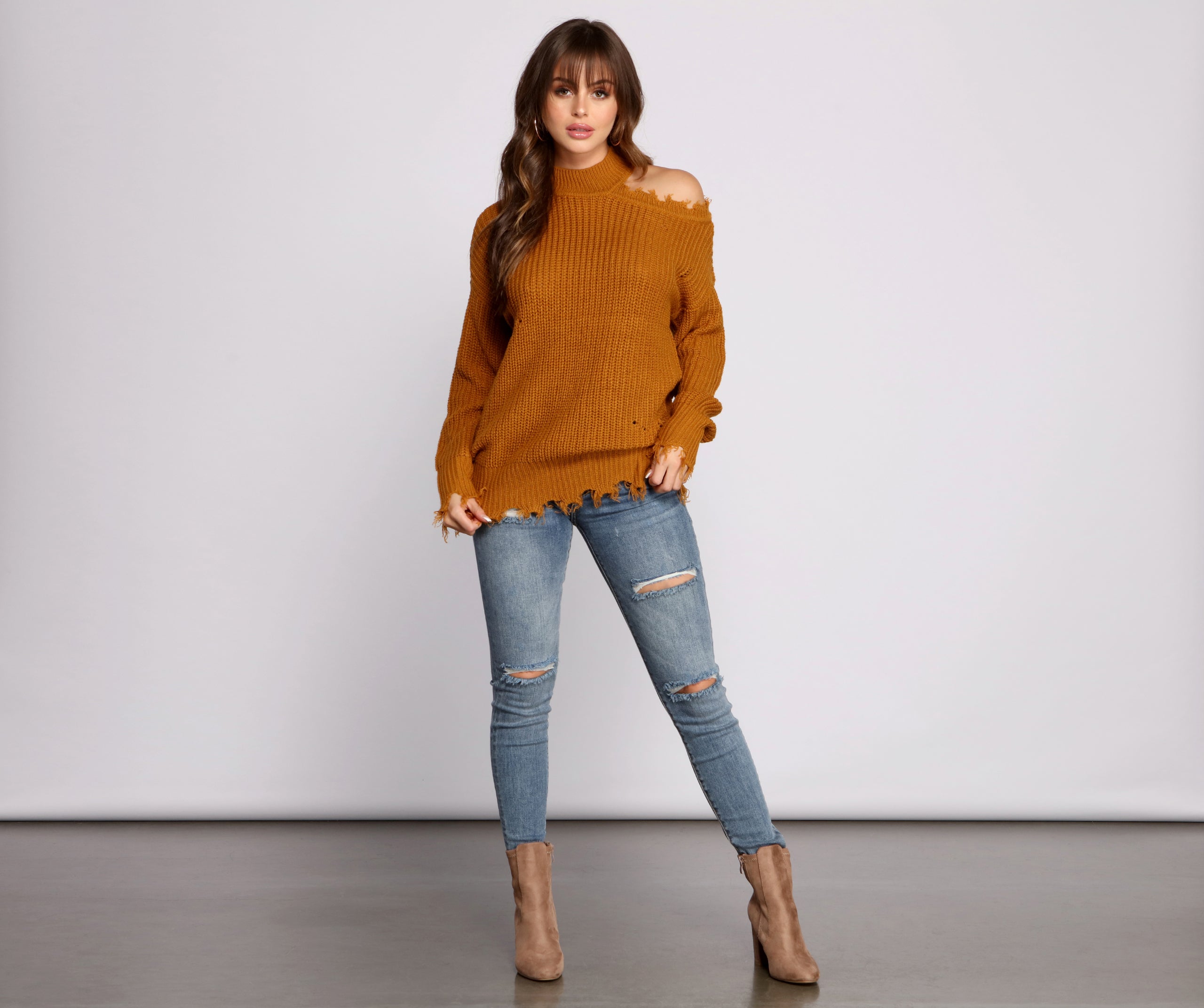 Distressed Cold Shoulder Crew Neck Sweater