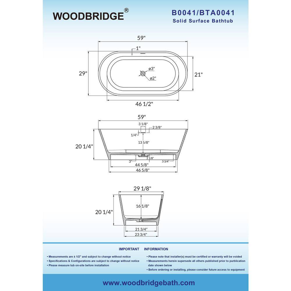 WOODBRIDGE Englewood 59 in. Solid Surface Flatbottom Freestanding Double Ended Soaking Bathtub in Matte White HBT5854