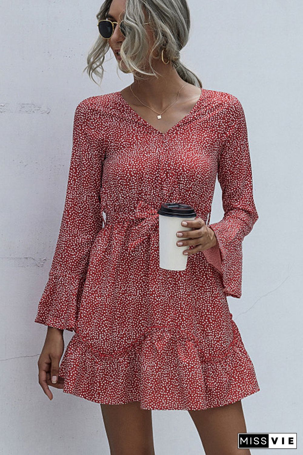 Polka Dot Print V Neck Tie Waist Casual Dress