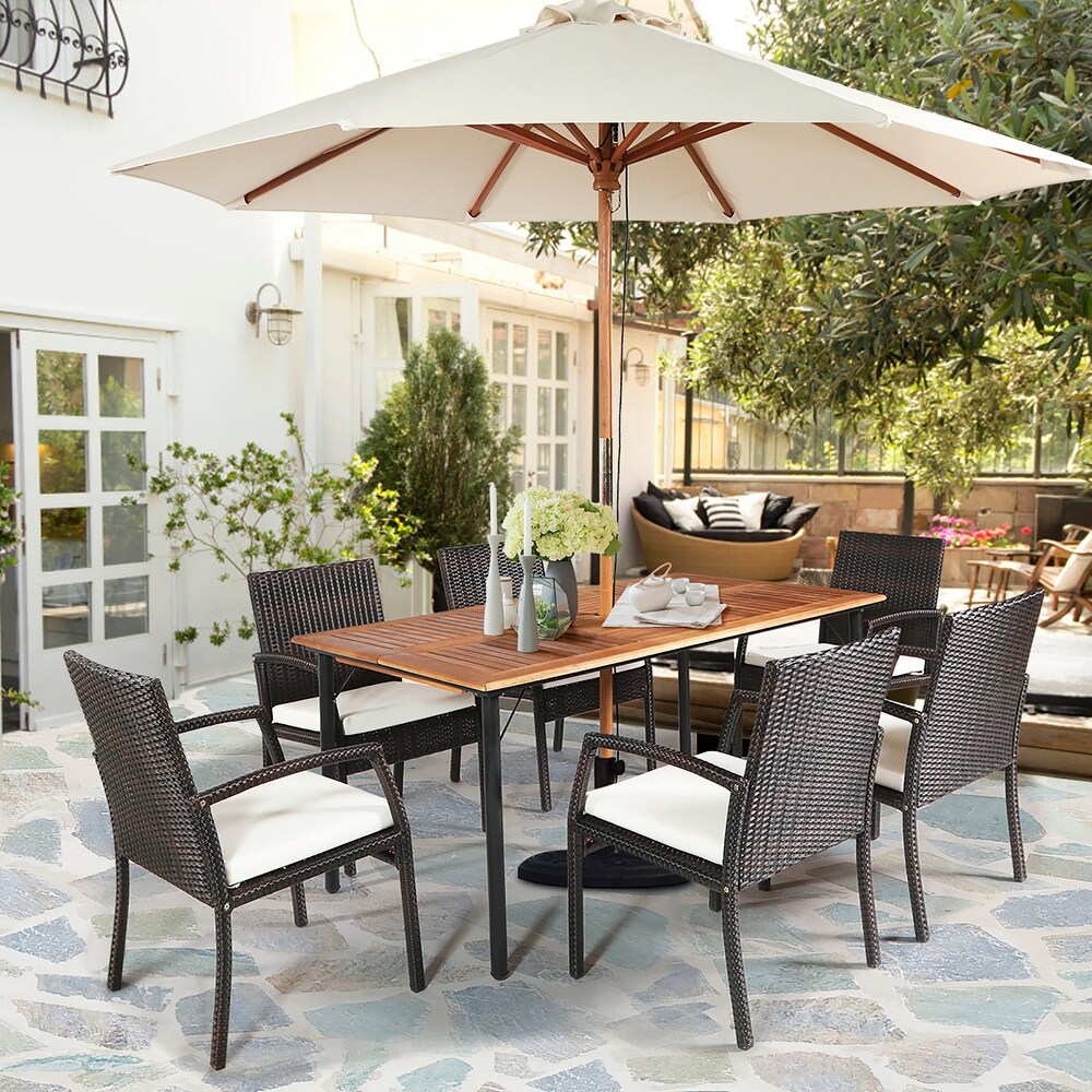 Costway 7PCS Patio Rattan Dining Set Table Top W/Umbrella Hole   See Description