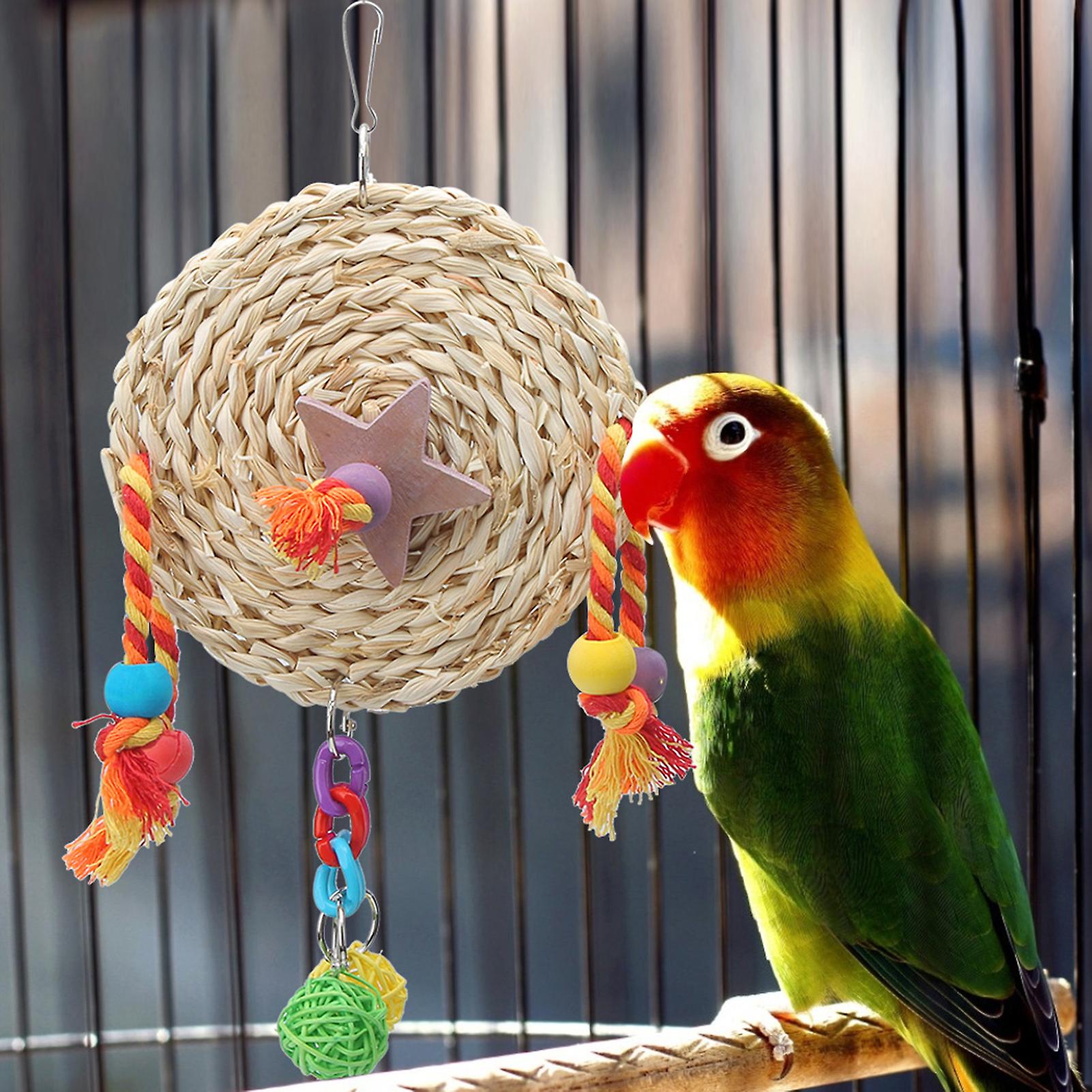 Pet Parrot Non-toxic Straw Plaited Wood Block Chewing Biting Hanging Swing Toy Bird Cage Accessoriess