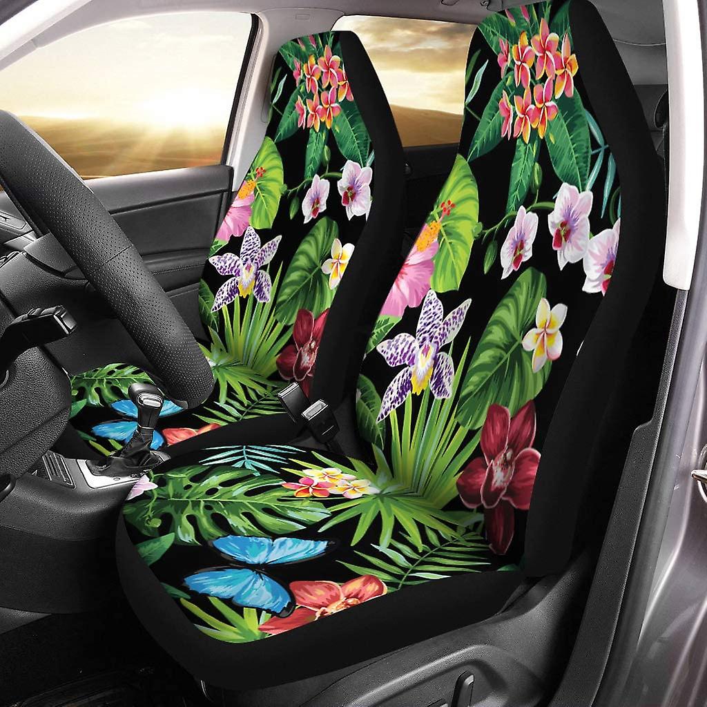 Set Of 2 Car Seat Covers Colorful Tropic Palm Leaves Tropical Flowers And Butterflies Green Universal Auto Front Seats Protector Fits