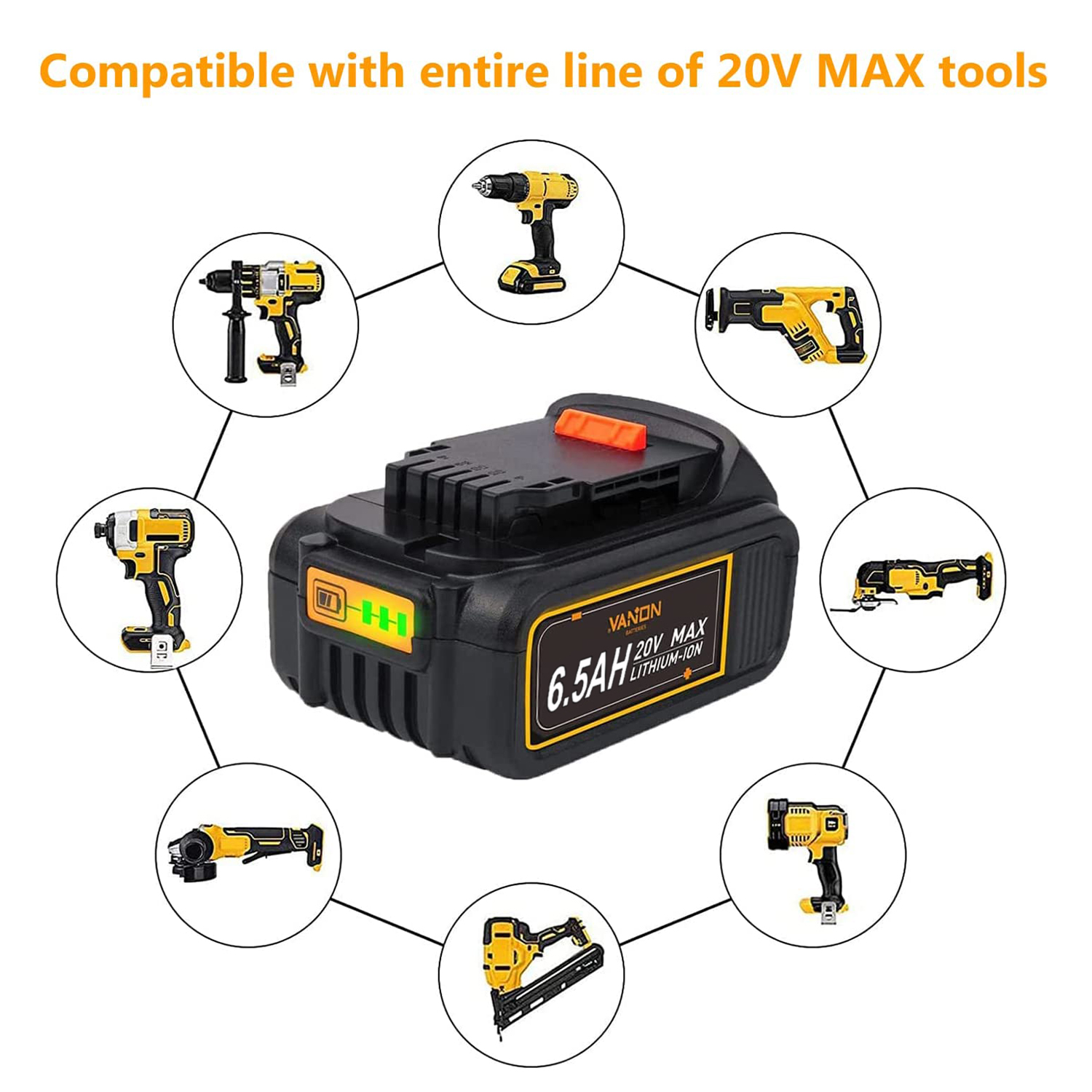 20V 6.5Ah Replacement Batteries Works for DW DCB207 DCB206 DCB205 DCB204， 20V Li-Ion Battery Compatible with DW Cordless Power ToolsI