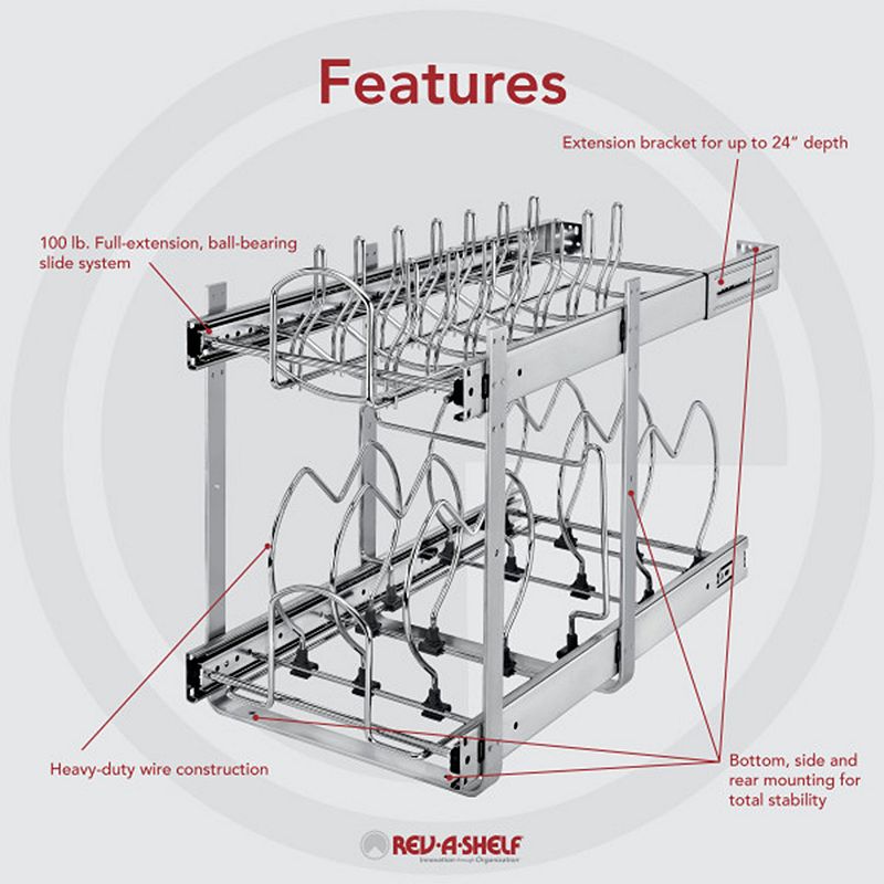 Rev-A-Shelf Pull Out Cabinet Pot and Pan Organzier， 12 Width， 5CW2-1222-CR