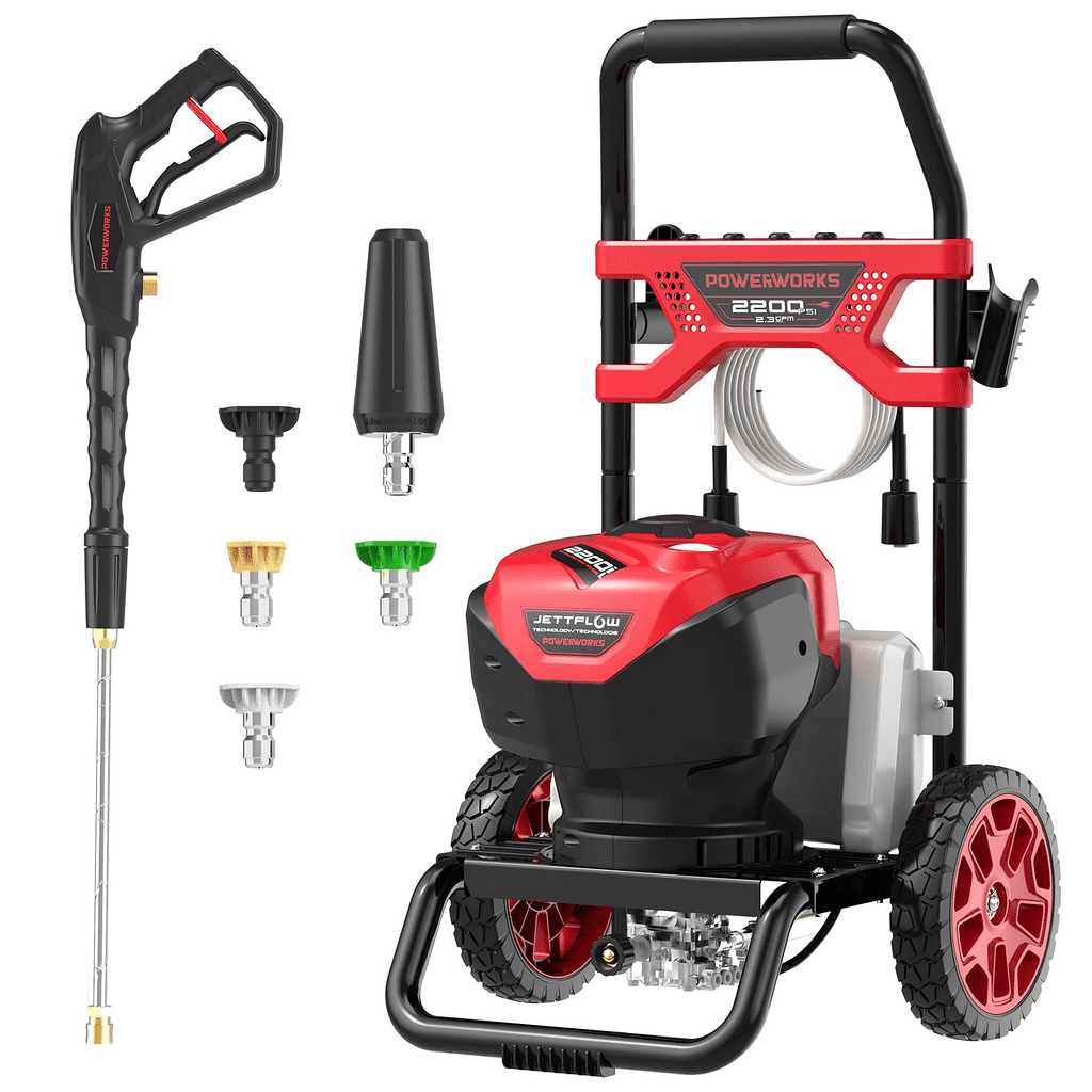 POWERWORKS 2200 PSI 2.3 GPM 14-Amp Brushless Electric Pressure Washer  with 25ft High Pressure Hose and 5 Nozzles for Car Garden Cleaning