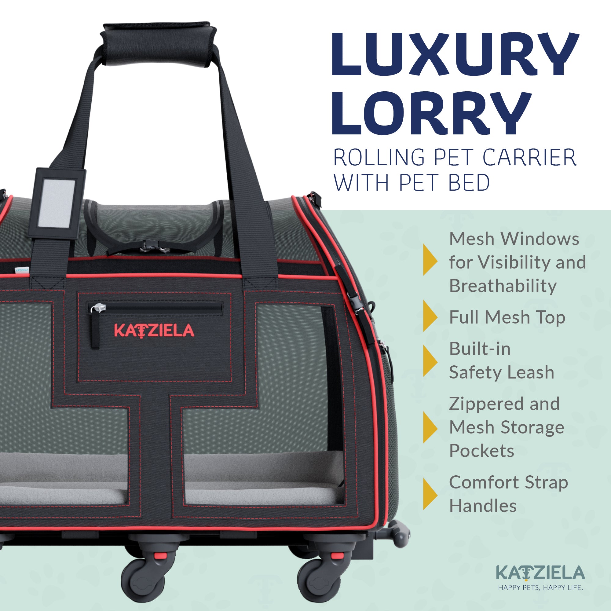 Katziela Luxury Lorry Pet Carrier with Removable Wheels - Telecopic Handle - Airline Approved (Black/Red)