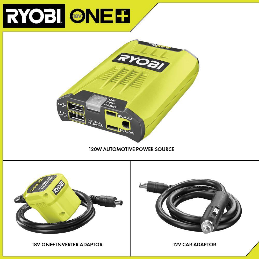 RYOBI ONE+ 18V 120-Watt 12V Automotive Power Inverter with Dual USB Ports RYi120A