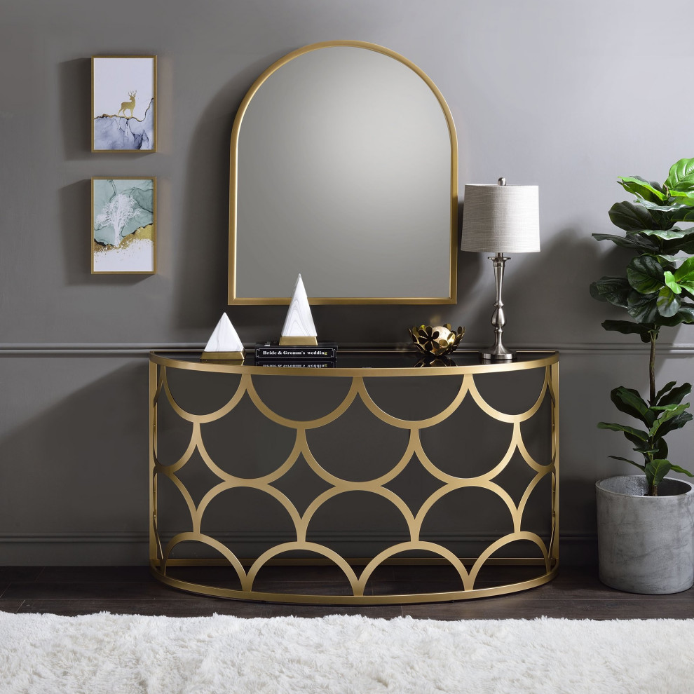 Modern Console Table  Geometric Accented Half Moon Gold Frame  ampBlack Glass Top   Contemporary   Console Tables   by Decor Love  Houzz