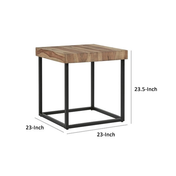 24 Inch Square Side End Table， Natural Brown Wood Top， Black Metal Base