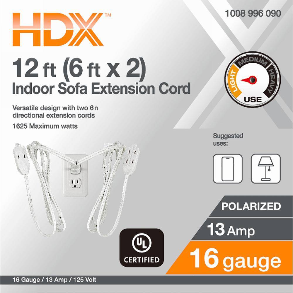 HDX 12ft. 162 Light Duty Indoor Sofa Cord with Two Ends White HWHDT16212