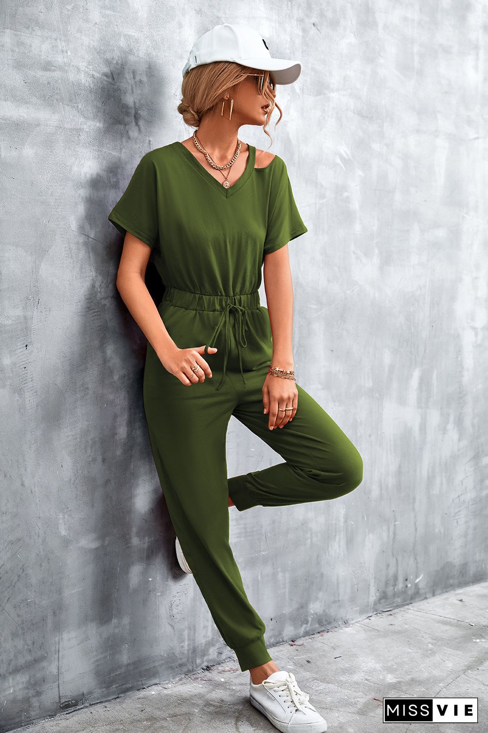 Cut Shoulder Drawstring Waist Sleeveless Jumpsuit