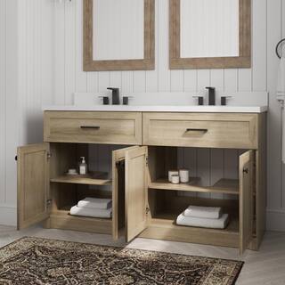 Home Decorators Collection 60 in. W x 34.5 in. H x 20 in. D Bath Vanity in Light Oak with White Engineered Stone Top HDTC60VW